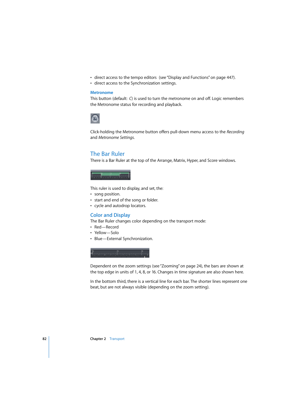 Metronome, The bar ruler, Color and display | Apple Logic Express 7 User Manual | Page 82 / 522