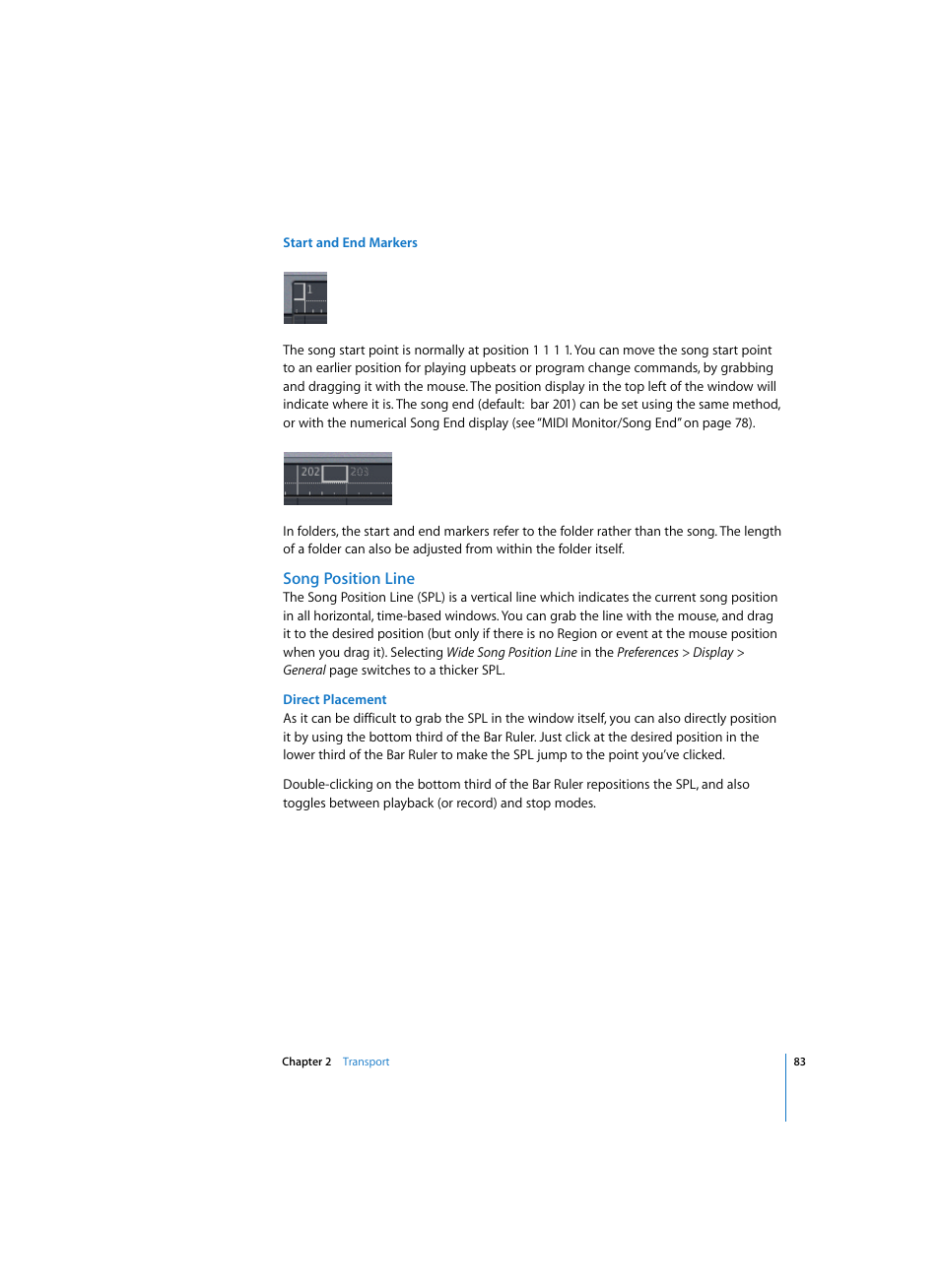 Start and end markers, Song position line, Direct placement | Apple Logic Express 7 User Manual | Page 83 / 522