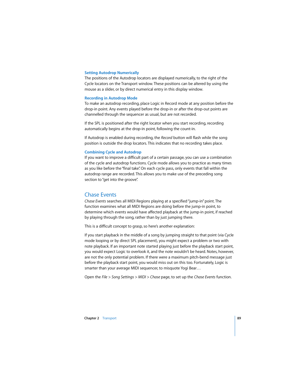 Setting autodrop numerically, Recording in autodrop mode, Combining cycle and autodrop | Chase events | Apple Logic Express 7 User Manual | Page 89 / 522