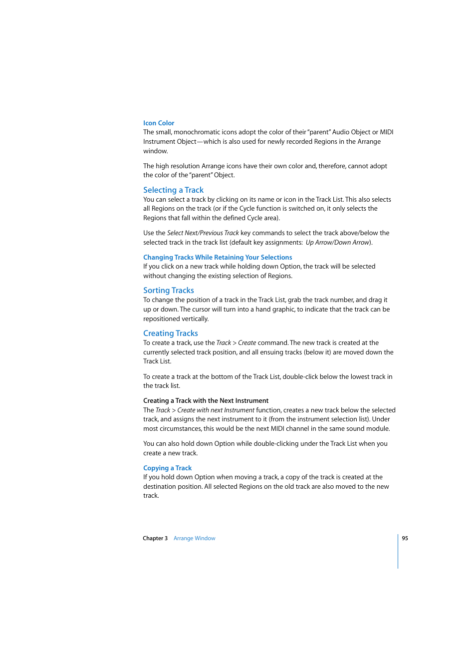 Icon color, Selecting a track, Changing tracks while retaining your selections | Sorting tracks, Creating tracks, Copying a track | Apple Logic Express 7 User Manual | Page 95 / 522
