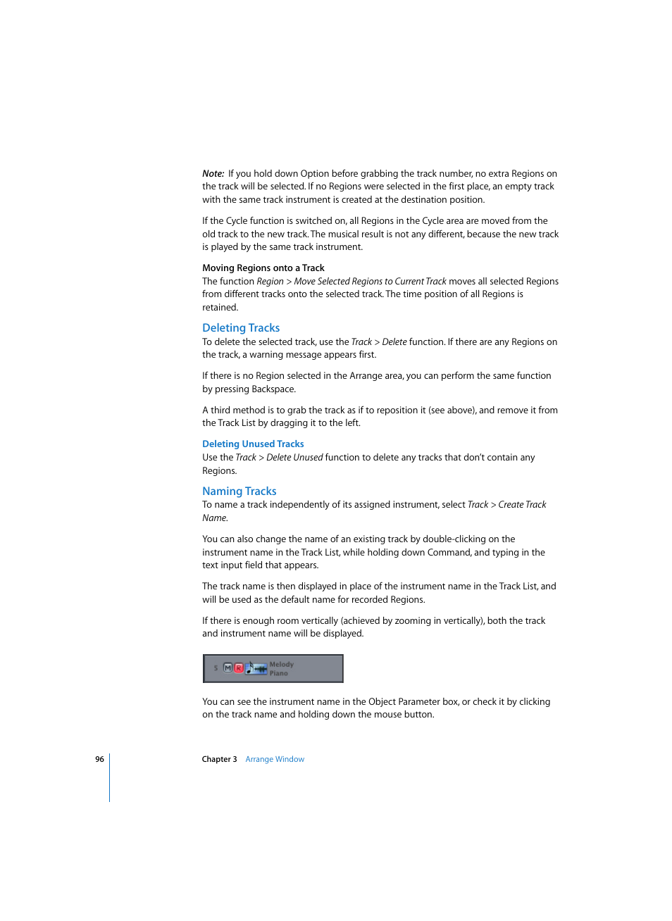Deleting tracks, Deleting unused tracks, Naming tracks | Apple Logic Express 7 User Manual | Page 96 / 522