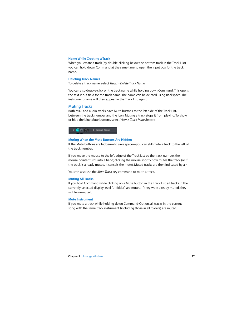 Name while creating a track, Deleting track names, Muting tracks | Muting when the mute buttons are hidden, Muting all tracks, Mute instrument | Apple Logic Express 7 User Manual | Page 97 / 522