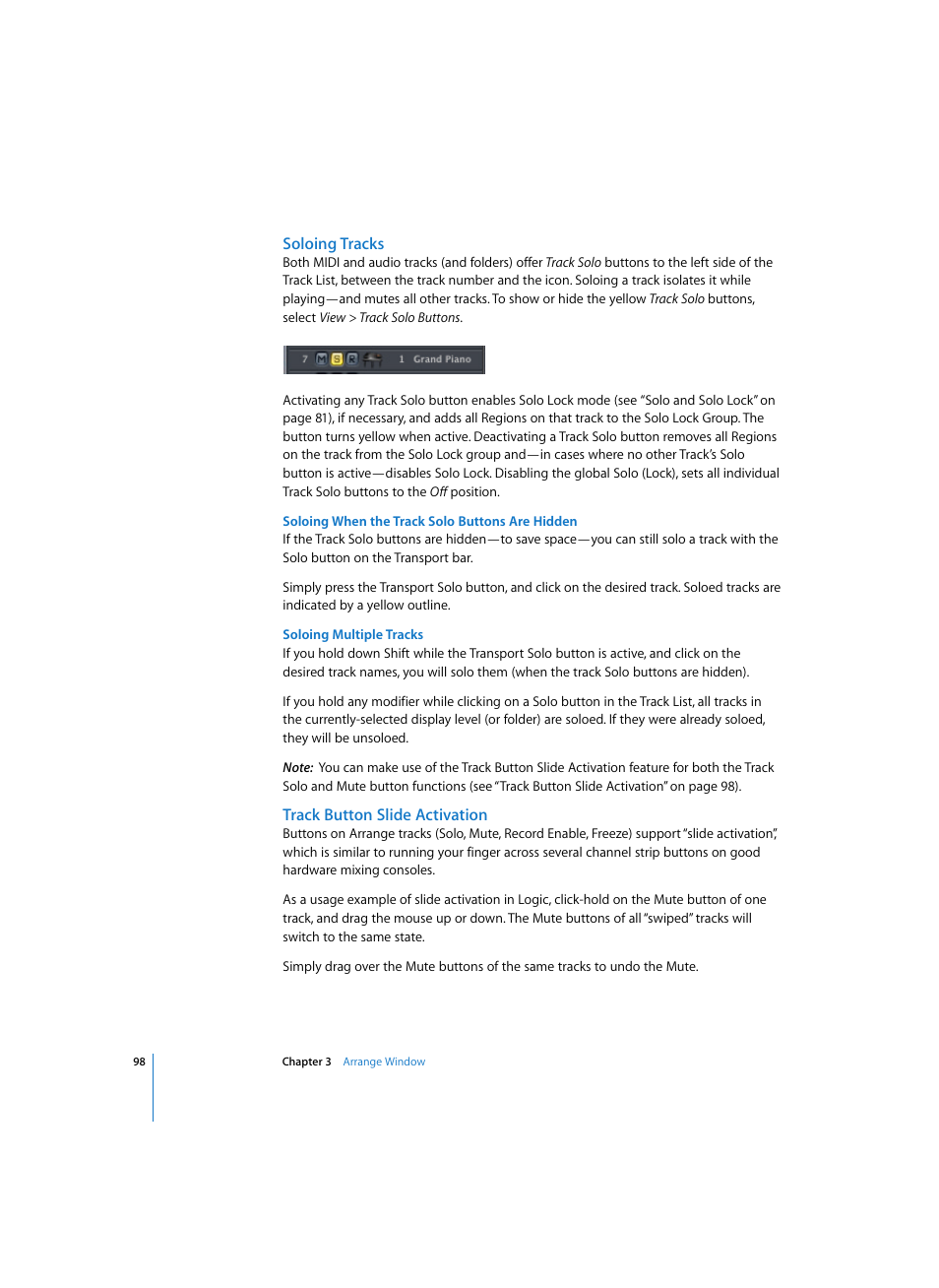 Soloing tracks, Soloing when the track solo buttons are hidden, Soloing multiple tracks | Track button slide activation | Apple Logic Express 7 User Manual | Page 98 / 522
