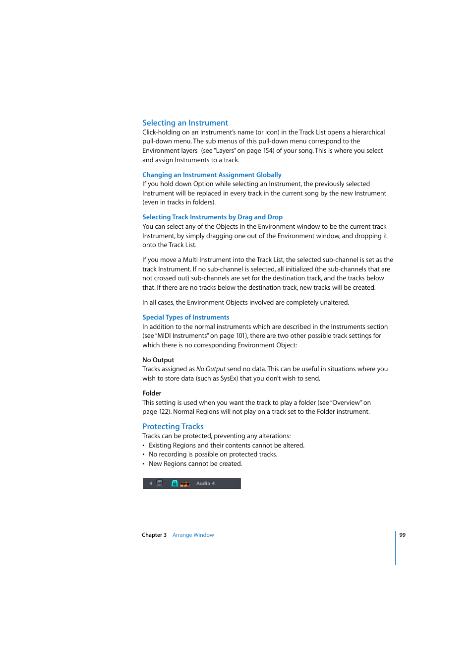 Selecting an instrument, Changing an instrument assignment globally, Selecting track instruments by drag and drop | Special types of instruments, Protecting tracks | Apple Logic Express 7 User Manual | Page 99 / 522