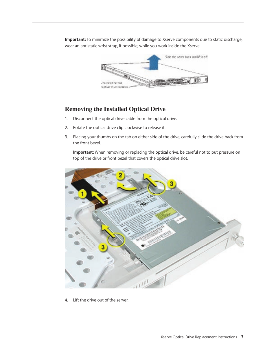 Removing the installed optical drive | Apple Xserve (Early 2008) DIY Procedure for Optical Drive User Manual | Page 3 / 5