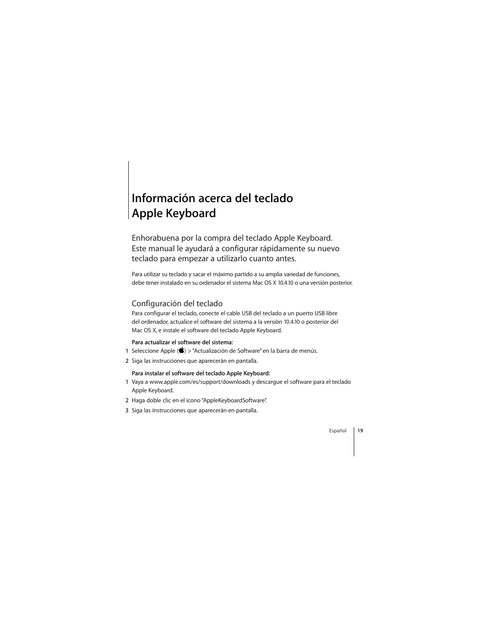 Información acerca del teclado applekeyboard, Configuración del teclado, Información acerca del teclado apple keyboard | Apple Keyboard (aluminum; wired) User Manual | Page 19 / 50