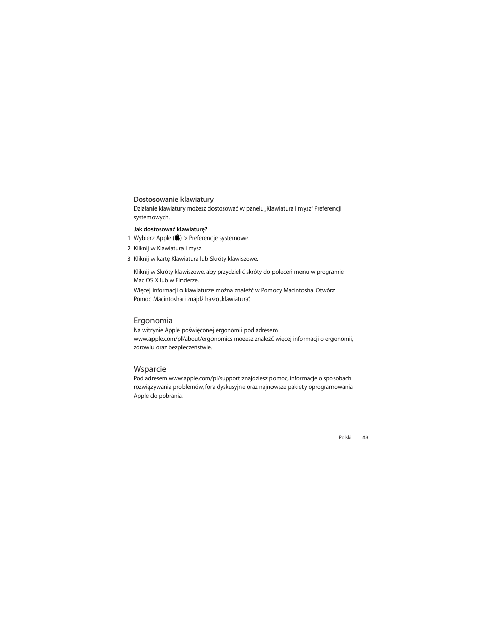 Dostosowanie klawiatury, Ergonomia, Wsparcie | Apple Keyboard (aluminum; wired) User Manual | Page 43 / 50