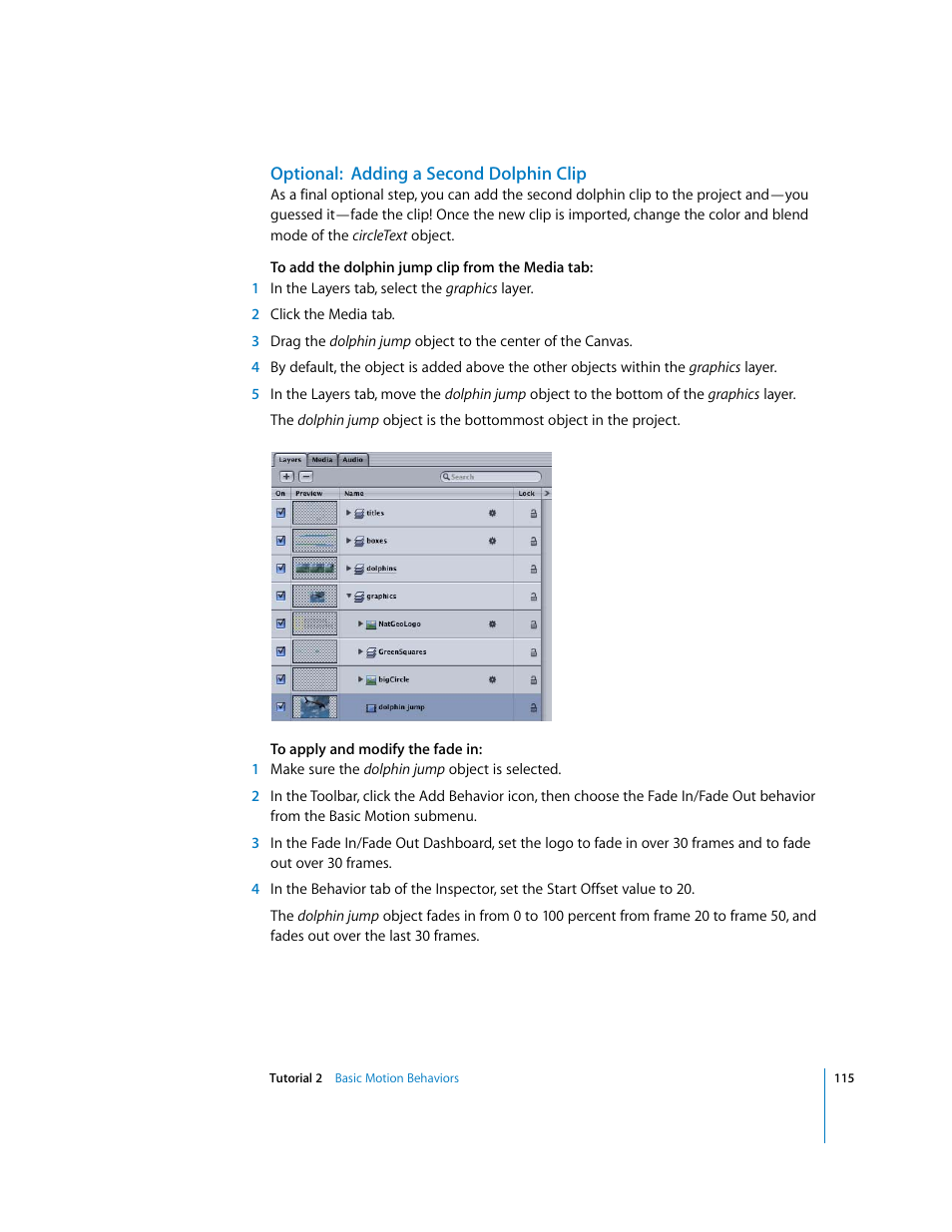 Optional: adding a second dolphin clip | Apple Motion 2 Tutorials User Manual | Page 115 / 235