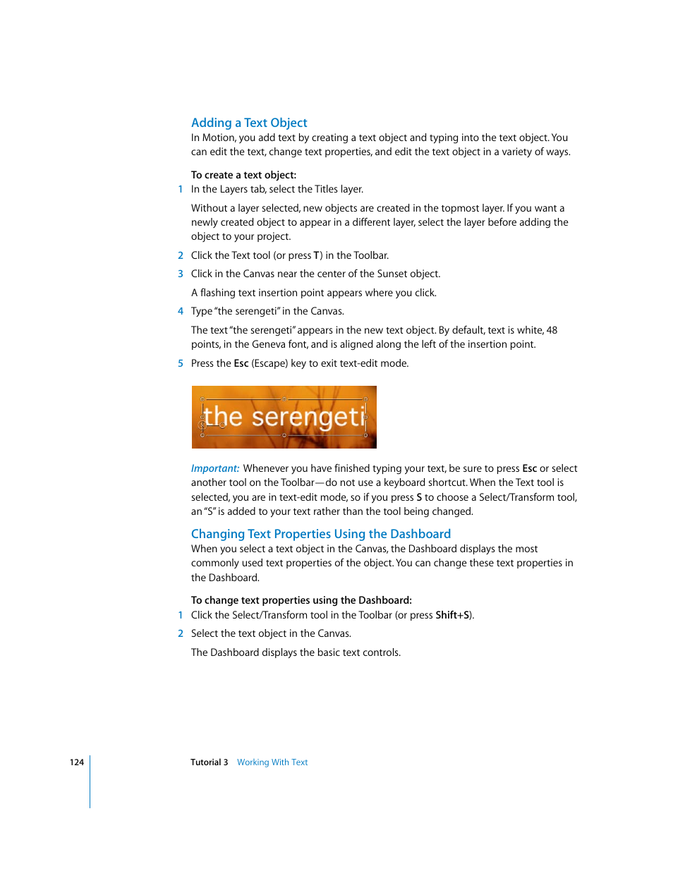 Adding a text object, Changing text properties using the dashboard | Apple Motion 2 Tutorials User Manual | Page 124 / 235