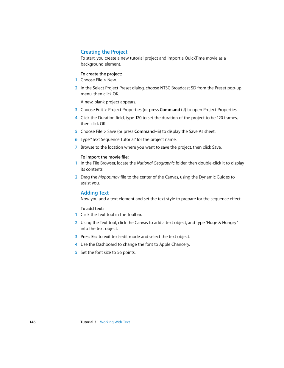 Creating the project, Adding text | Apple Motion 2 Tutorials User Manual | Page 146 / 235
