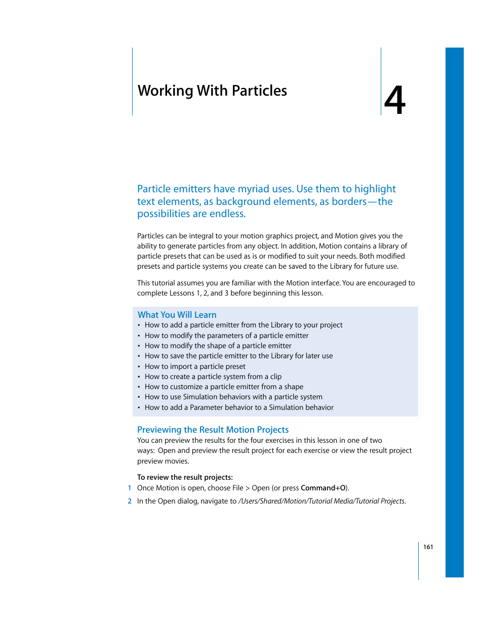 Working with particles, What you will learn, Previewing the result motion projects | Tutorial | Apple Motion 2 Tutorials User Manual | Page 161 / 235