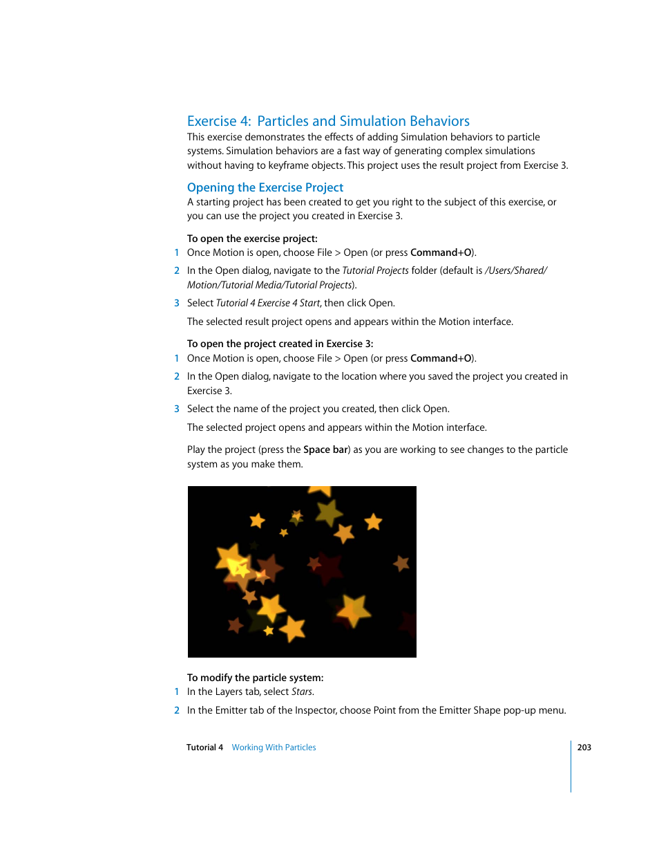 Exercise 4: particles and simulation behaviors, Opening the exercise project | Apple Motion 2 Tutorials User Manual | Page 203 / 235