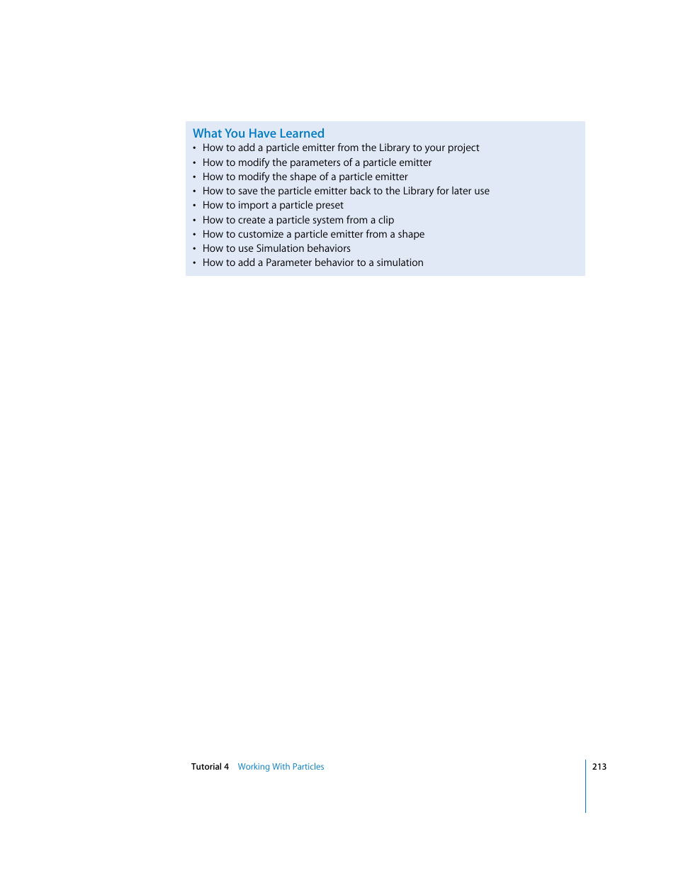 What you have learned | Apple Motion 2 Tutorials User Manual | Page 213 / 235