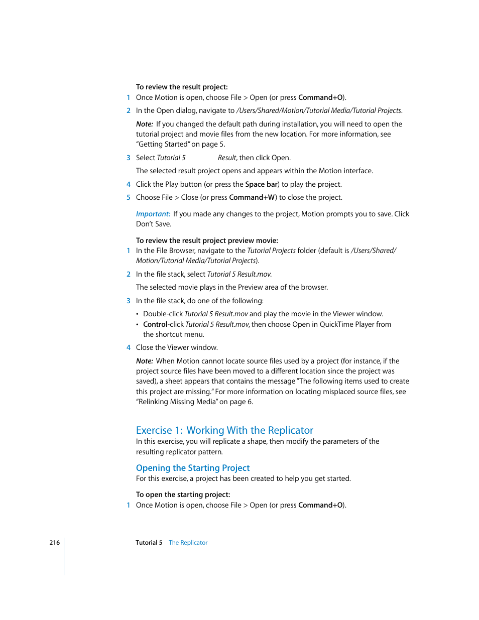 Exercise 1: working with the replicator, Opening the starting project | Apple Motion 2 Tutorials User Manual | Page 216 / 235
