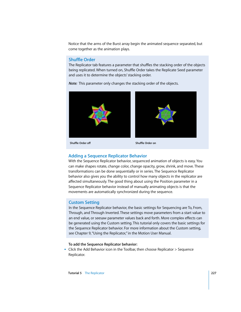 Shuffle order, Adding a sequence replicator behavior, Custom setting | Apple Motion 2 Tutorials User Manual | Page 227 / 235