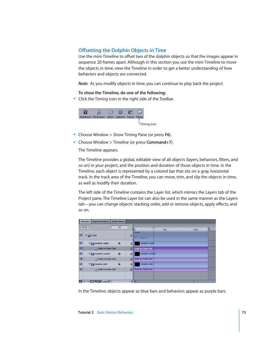 Offsetting the dolphin objects in time | Apple Motion 2 Tutorials User Manual | Page 73 / 235