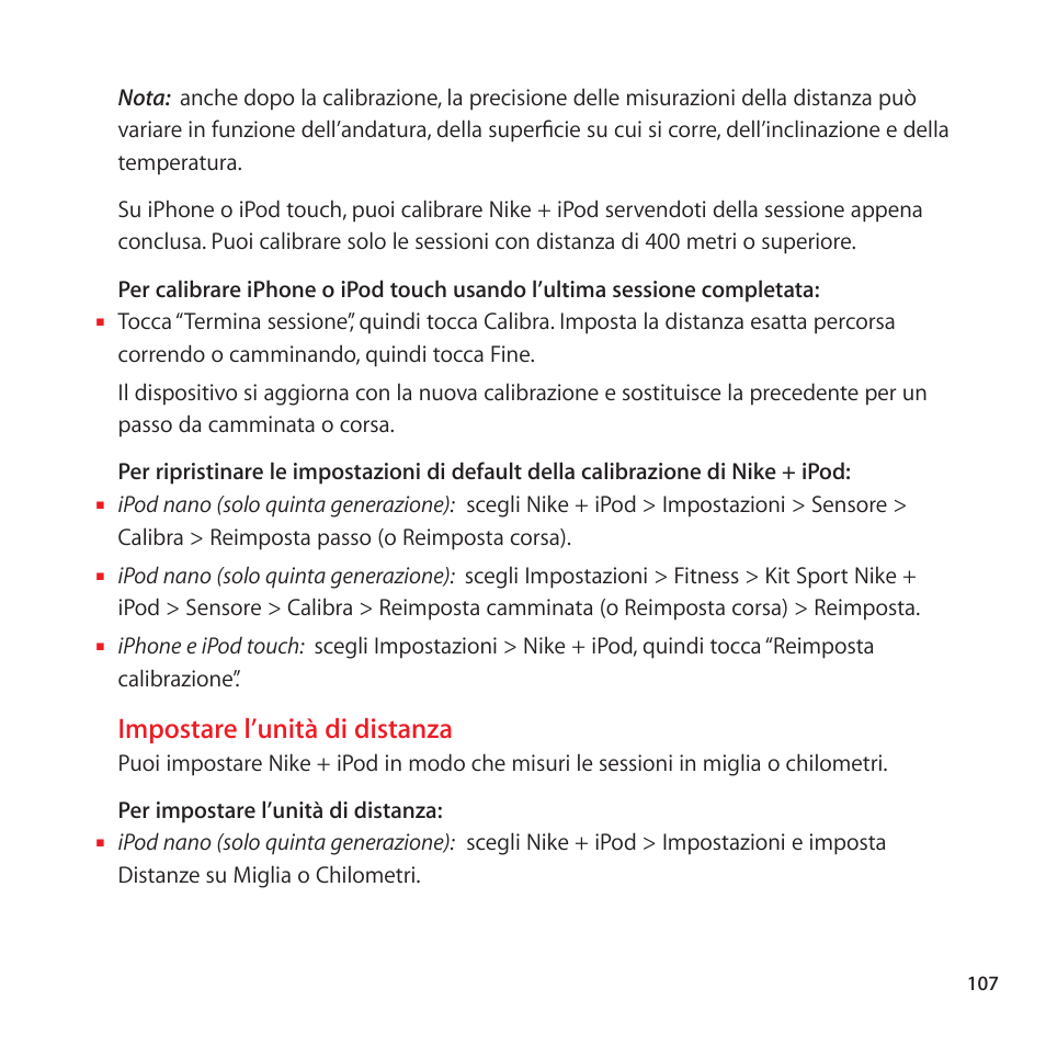 Impostare l’unità di distanza | Apple Nike + iPod Sensor User Manual | Page 107 / 128