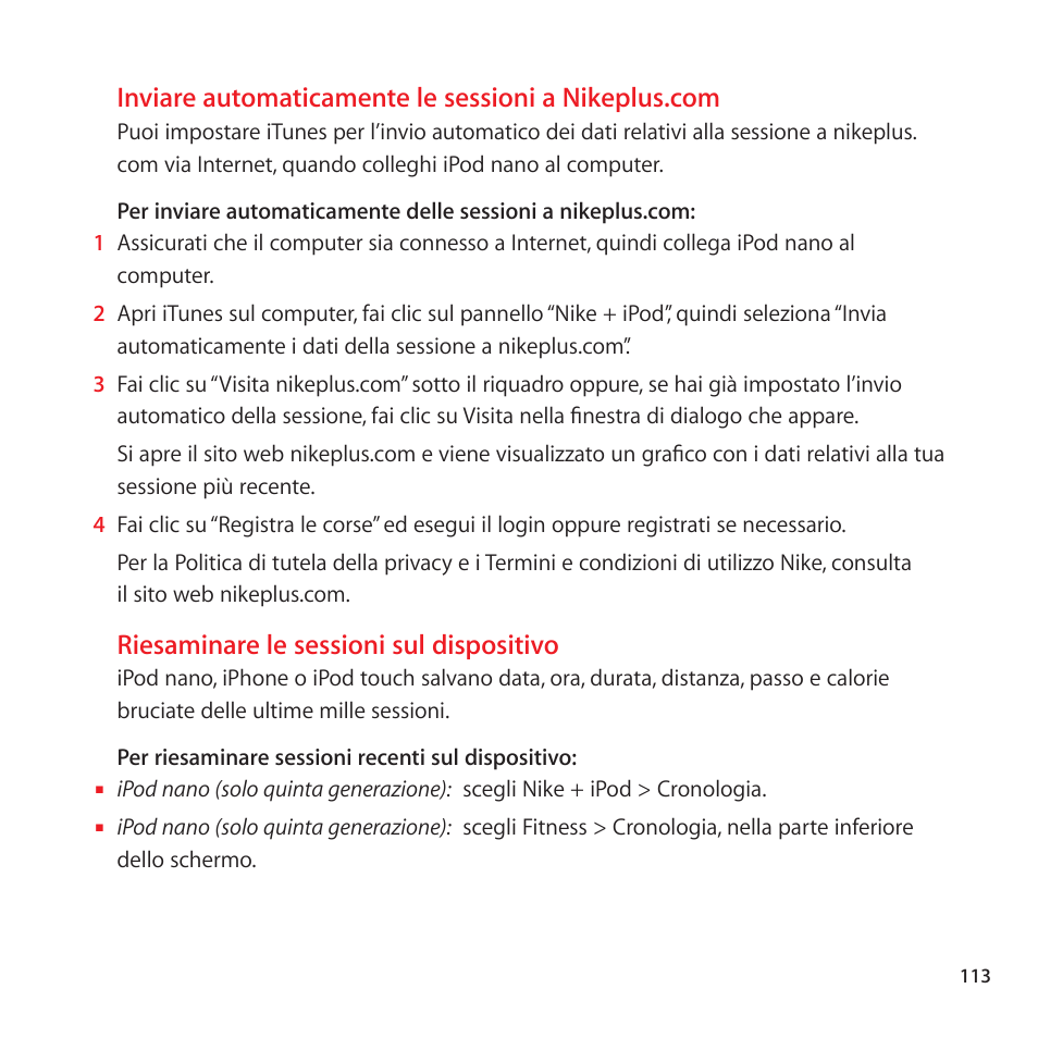Inviare automaticamente le sessioni a nikeplus.com, Riesaminare le sessioni sul dispositivo | Apple Nike + iPod Sensor User Manual | Page 113 / 128