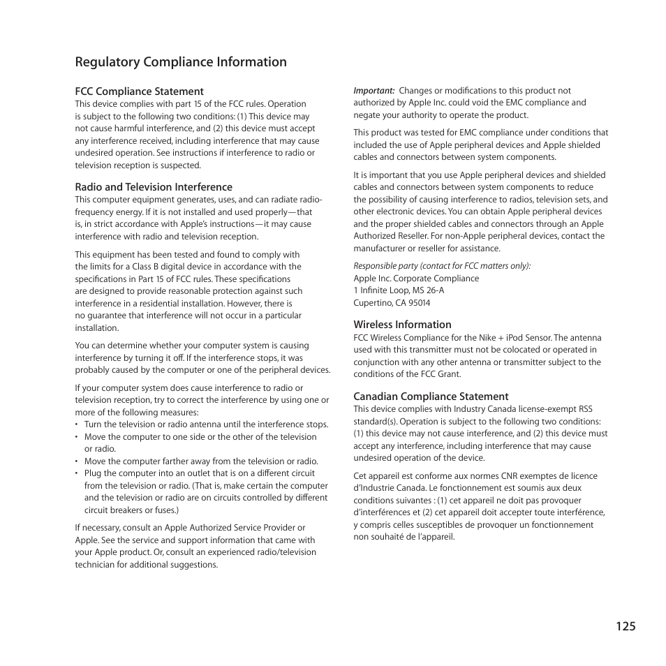 Regulatory compliance information | Apple Nike + iPod Sensor User Manual | Page 125 / 128