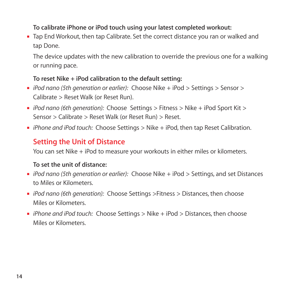 Setting the unit of distance | Apple Nike + iPod Sensor User Manual | Page 14 / 128