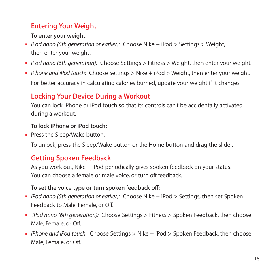 Entering your weight, Locking your device during a workout, Getting spoken feedback | Apple Nike + iPod Sensor User Manual | Page 15 / 128