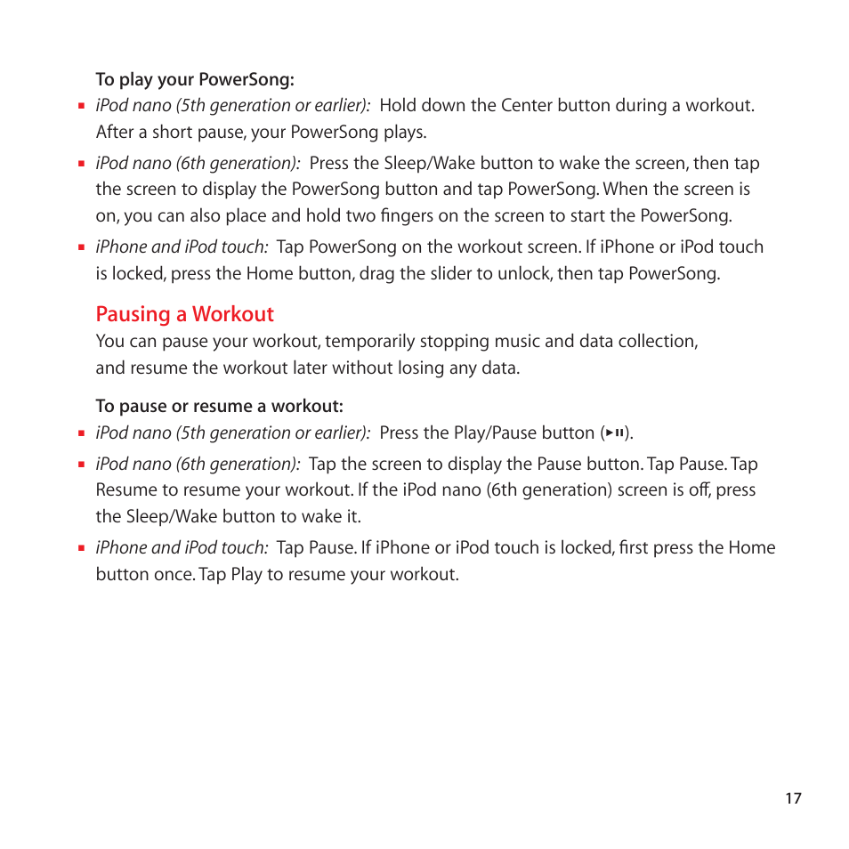 Pausing a workout | Apple Nike + iPod Sensor User Manual | Page 17 / 128