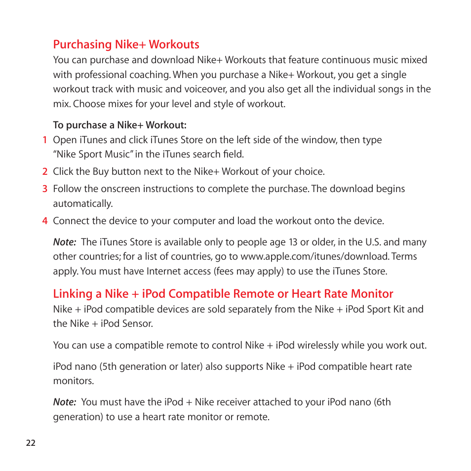 Purchasing nike+ workouts | Apple Nike + iPod Sensor User Manual | Page 22 / 128