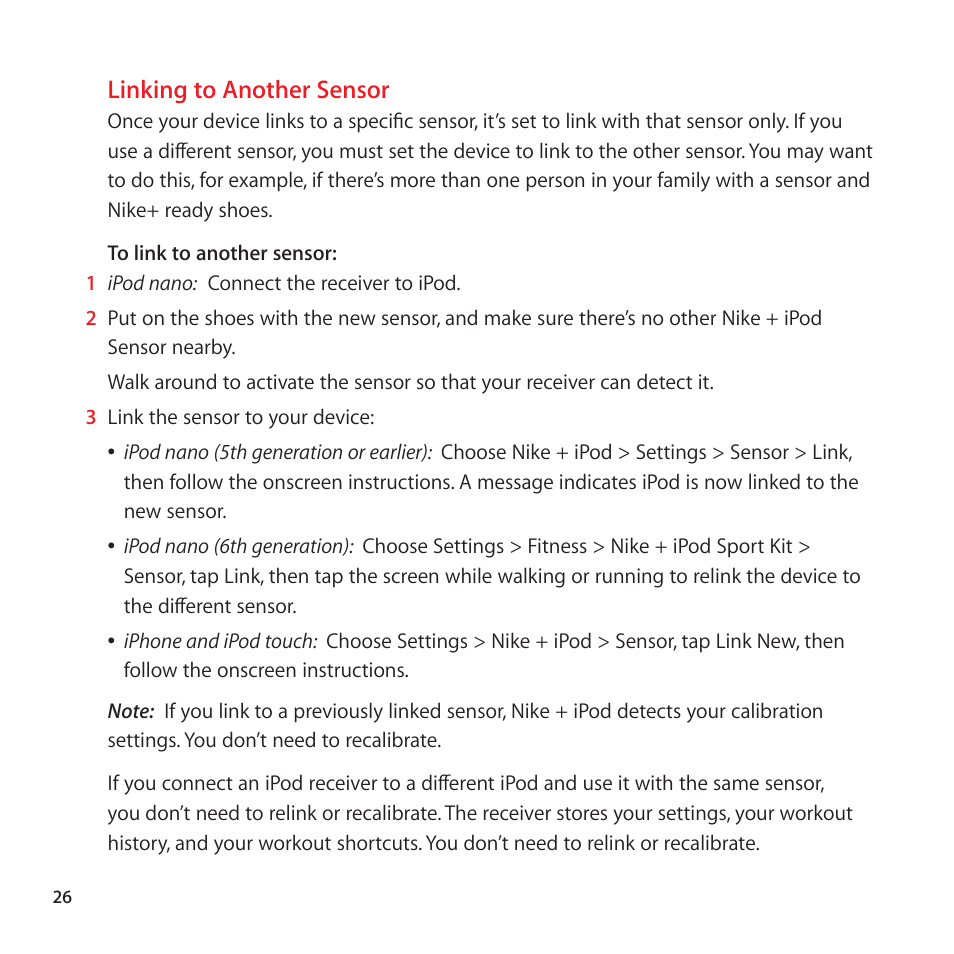 Linking to another sensor | Apple Nike + iPod Sensor User Manual | Page 26 / 128