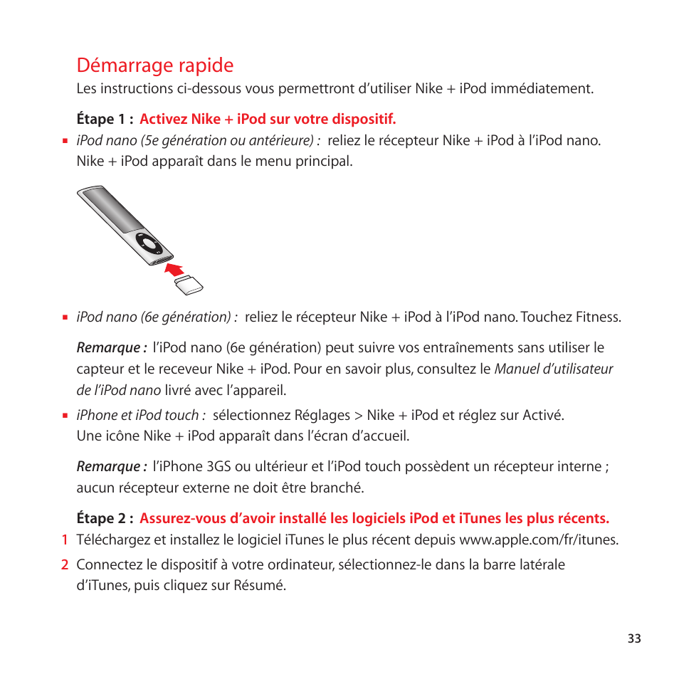 Démarrage rapide, 33 démarrage rapide | Apple Nike + iPod Sensor User Manual | Page 33 / 128