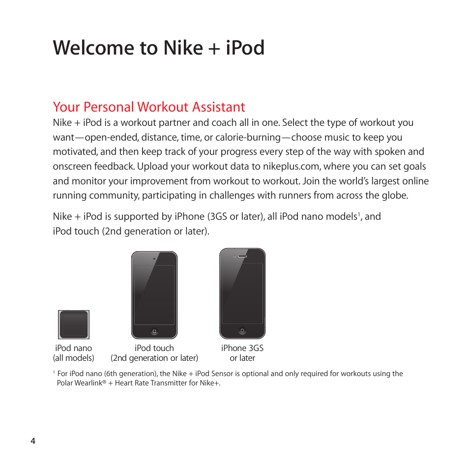 Your personal workout assistant, 4 your personal workout assistant, Welcome to nike + ipod | Apple Nike + iPod Sensor User Manual | Page 4 / 128