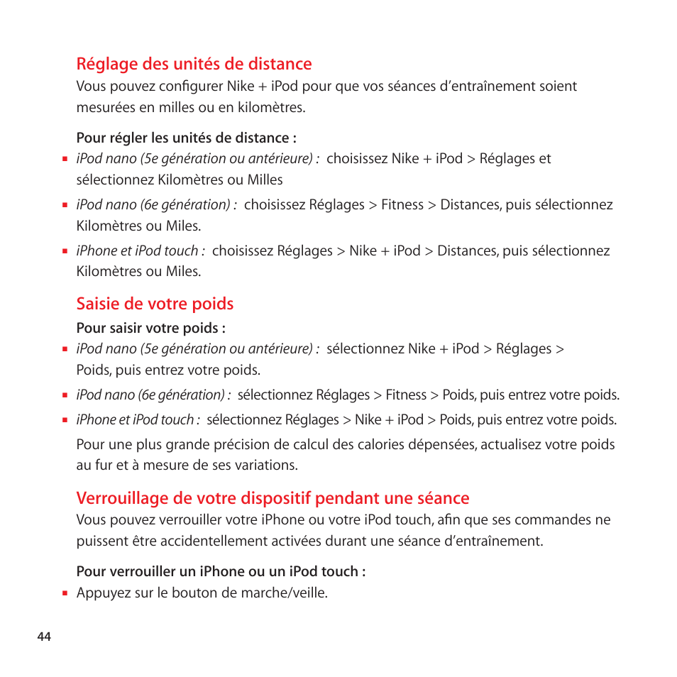 Réglage des unités de distance, Saisie de votre poids | Apple Nike + iPod Sensor User Manual | Page 44 / 128