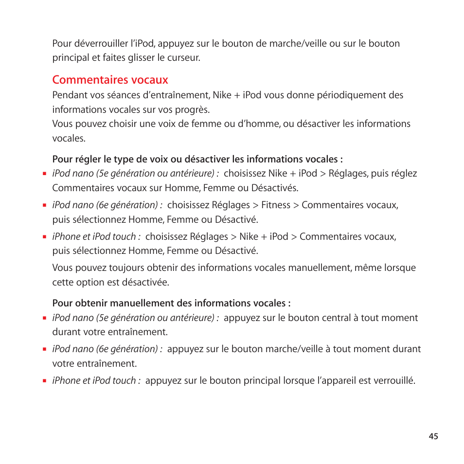 Commentaires vocaux | Apple Nike + iPod Sensor User Manual | Page 45 / 128