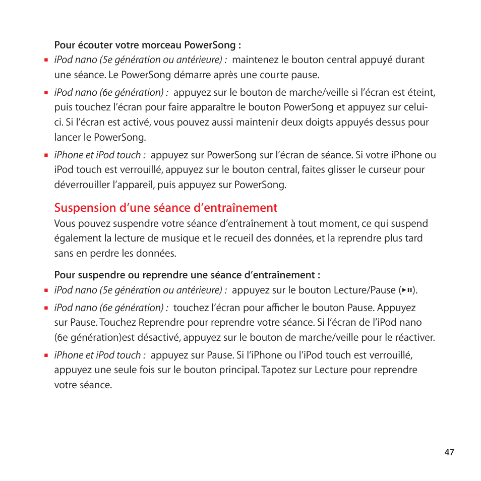 Suspension d’une séance d’entraînement | Apple Nike + iPod Sensor User Manual | Page 47 / 128