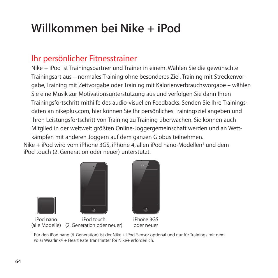 Ihr persönlicher fitnesstrainer, 64 ihr persönlicher fitnesstrainer, Willkommen bei nike + ipod | Apple Nike + iPod Sensor User Manual | Page 64 / 128