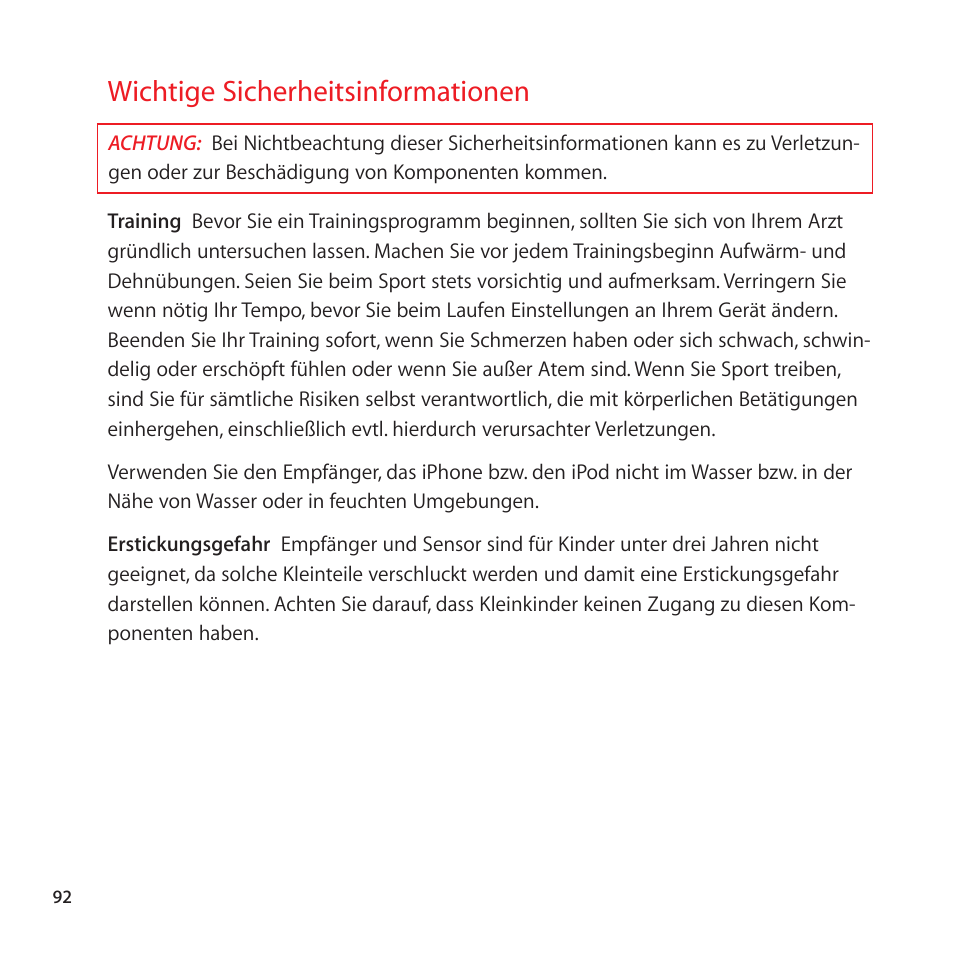 Wichtige sicherheitsinformationen, 92 wichtige sicherheitsinformationen | Apple Nike + iPod Sensor User Manual | Page 92 / 128