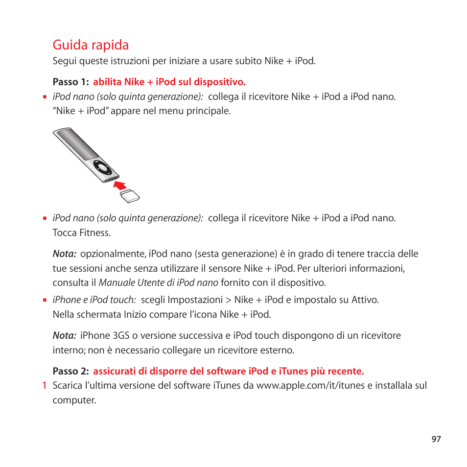 Guida rapida, 97 guida rapida | Apple Nike + iPod Sensor User Manual | Page 97 / 128