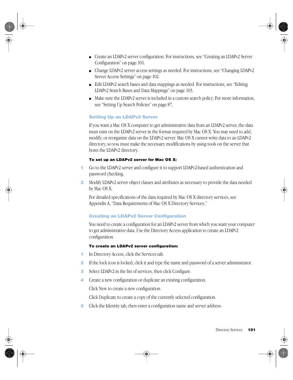 Setting up an ldapv2 server, Creating an ldapv2 server configuration, Uctions, see “setting up an ldapv2 server” on | Apple Mac OS X Server (version 10.2.3 or later) User Manual | Page 101 / 690