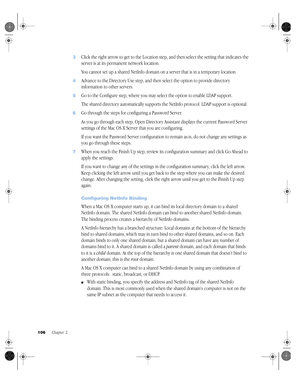 Configuring netinfo binding | Apple Mac OS X Server (version 10.2.3 or later) User Manual | Page 106 / 690