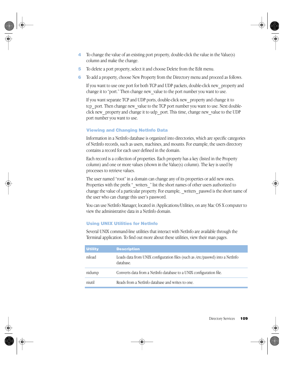 Viewing and changing netinfo data, Using unix utilities for netinfo, Viewing and changing | Apple Mac OS X Server (version 10.2.3 or later) User Manual | Page 109 / 690