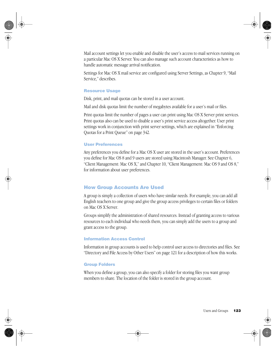 Resource usage, User preferences, How group accounts are used | Information access control, Group folders, How group accounts are used 123 | Apple Mac OS X Server (version 10.2.3 or later) User Manual | Page 123 / 690