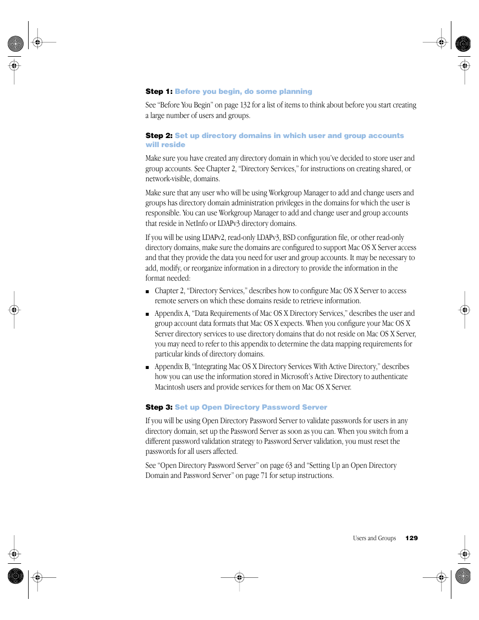 Step 1: before you begin, do some planning, Step 3: set up open directory password server | Apple Mac OS X Server (version 10.2.3 or later) User Manual | Page 129 / 690