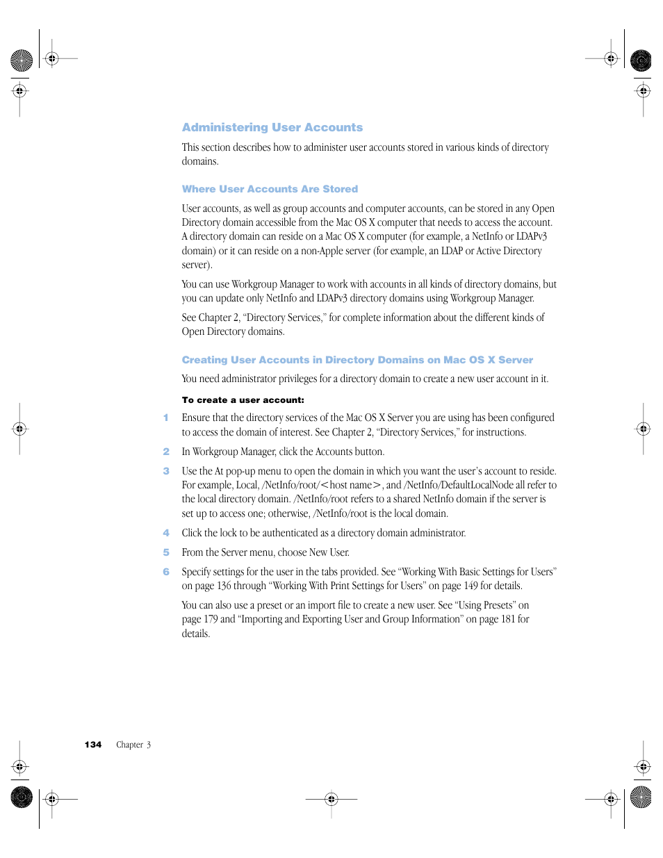 Administering user accounts, Where user accounts are stored, Administering user accounts 134 | Apple Mac OS X Server (version 10.2.3 or later) User Manual | Page 134 / 690