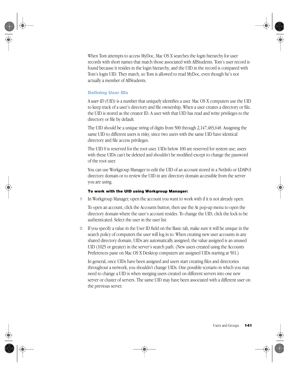 Defining user ids | Apple Mac OS X Server (version 10.2.3 or later) User Manual | Page 141 / 690