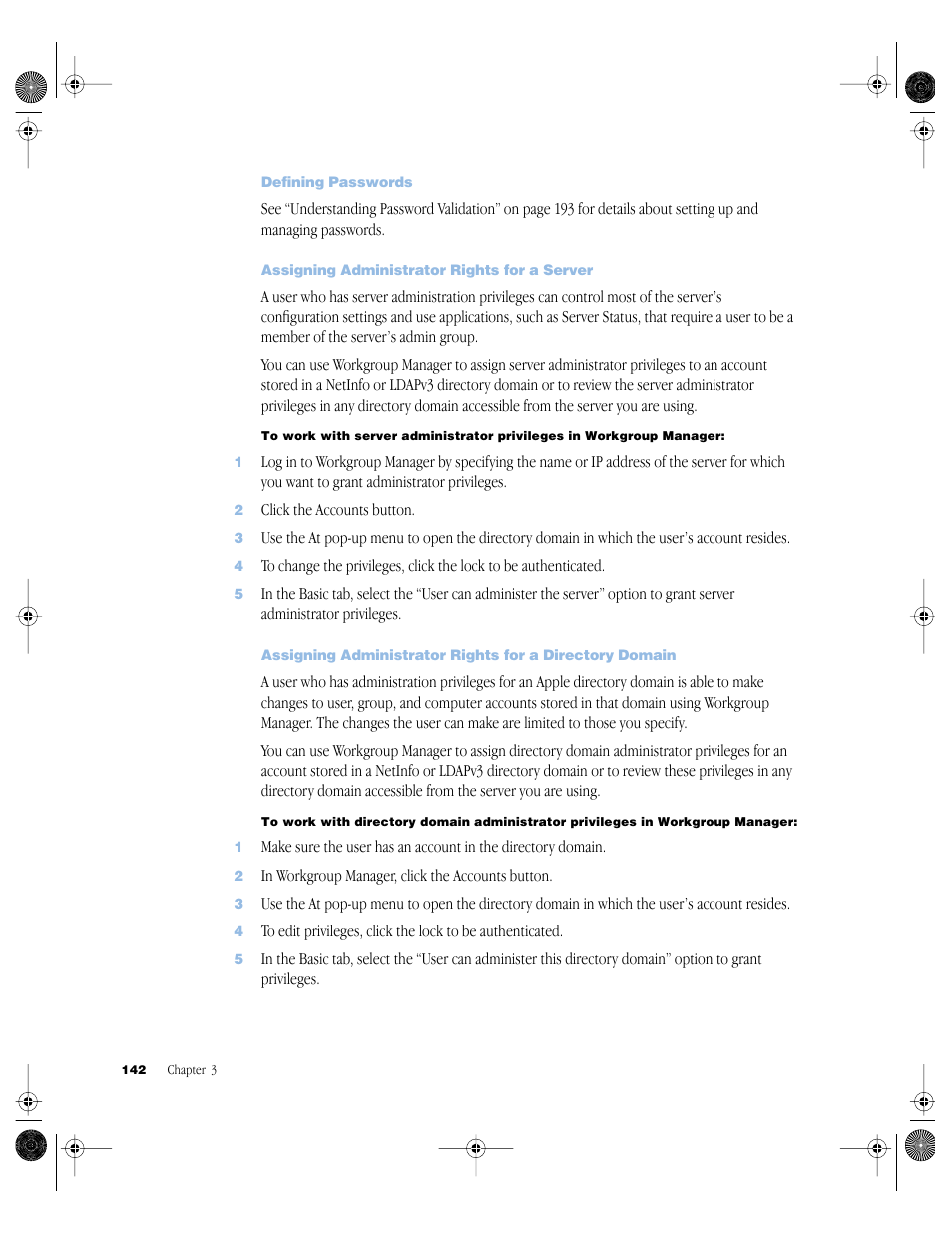 Defining passwords, Assigning administrator rights for a server | Apple Mac OS X Server (version 10.2.3 or later) User Manual | Page 142 / 690