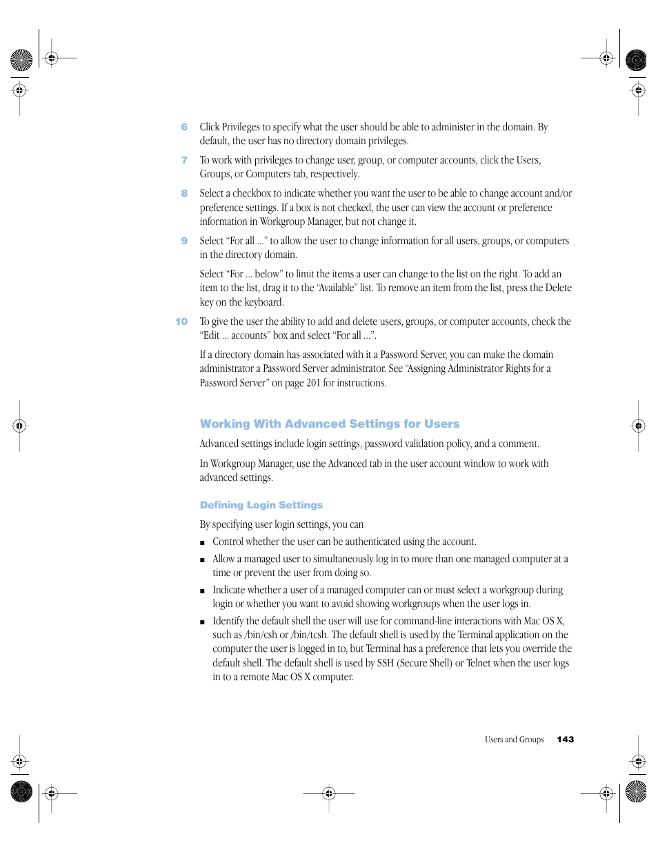 Working with advanced settings for users, Defining login settings, Working with advanced settings for users 143 | Apple Mac OS X Server (version 10.2.3 or later) User Manual | Page 143 / 690