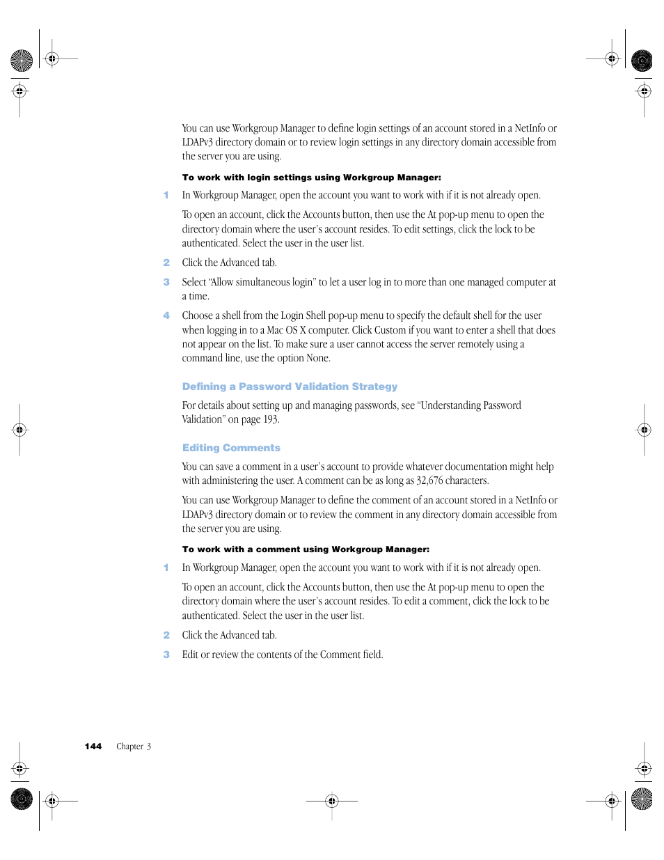 Defining a password validation strategy, Editing comments | Apple Mac OS X Server (version 10.2.3 or later) User Manual | Page 144 / 690