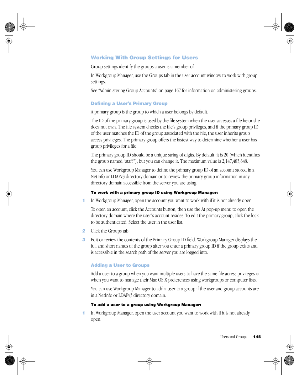 Working with group settings for users, Defining a user’s primary group, Adding a user to groups | Working with group settings for users 145 | Apple Mac OS X Server (version 10.2.3 or later) User Manual | Page 145 / 690