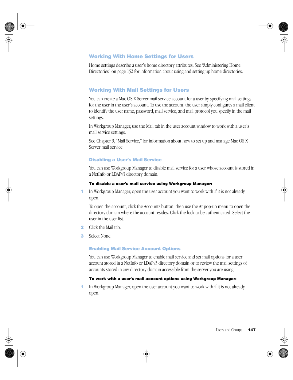 Working with home settings for users, Working with mail settings for users, Disabling a user’s mail service | Enabling mail service account options, Working with home settings for users 147, Working with mail settings for users 147 | Apple Mac OS X Server (version 10.2.3 or later) User Manual | Page 147 / 690