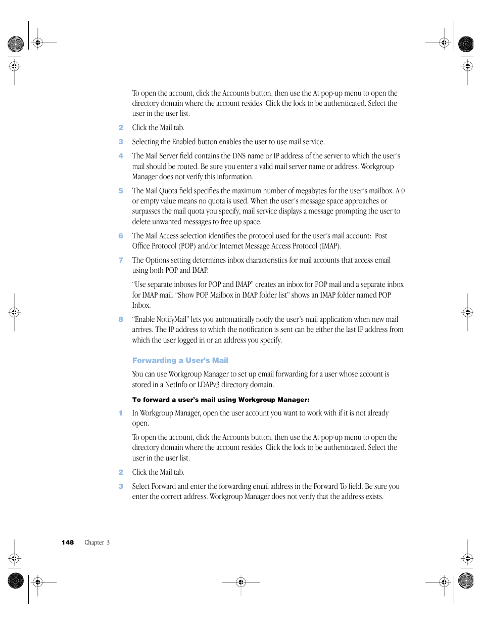 Forwarding a user’s mail | Apple Mac OS X Server (version 10.2.3 or later) User Manual | Page 148 / 690