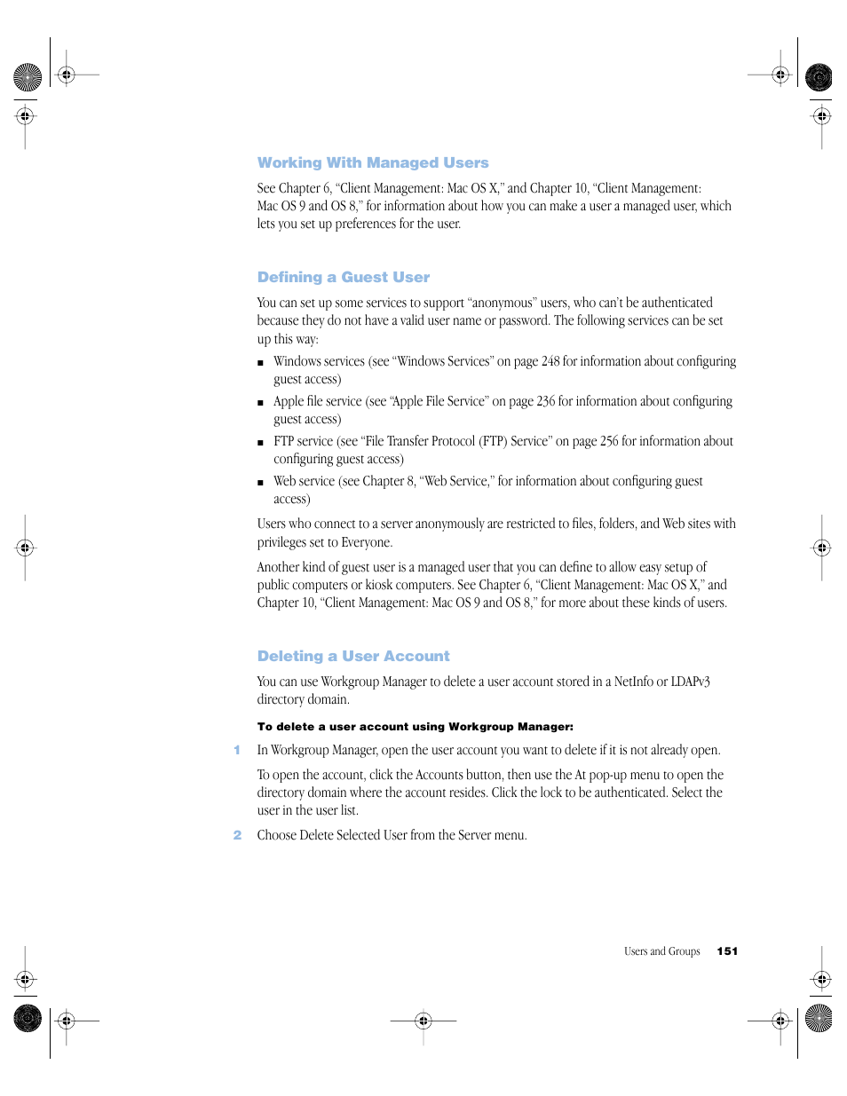 Working with managed users, Defining a guest user, Deleting a user account | Working with managed users 151, Defining a guest user 151, Deleting a user account 151 | Apple Mac OS X Server (version 10.2.3 or later) User Manual | Page 151 / 690